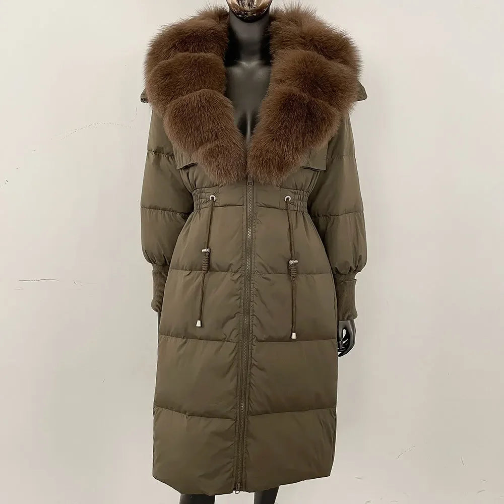Doudoune longue avec col en fourrure pour femme, pardessus en fourrure de renard, longueur aux genoux, à la mode, chaude, cintrée à la taille, vêtements d'extérieur amincissants