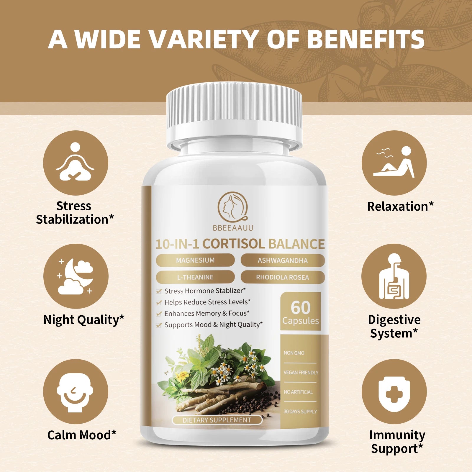 BBEEAAUU Agent de gestion des suppléments de Cortisol pour hommes et femmes Détox Niveaux de Cortisol bas et élevés, Relaxation et Support de nuit, Non OGM