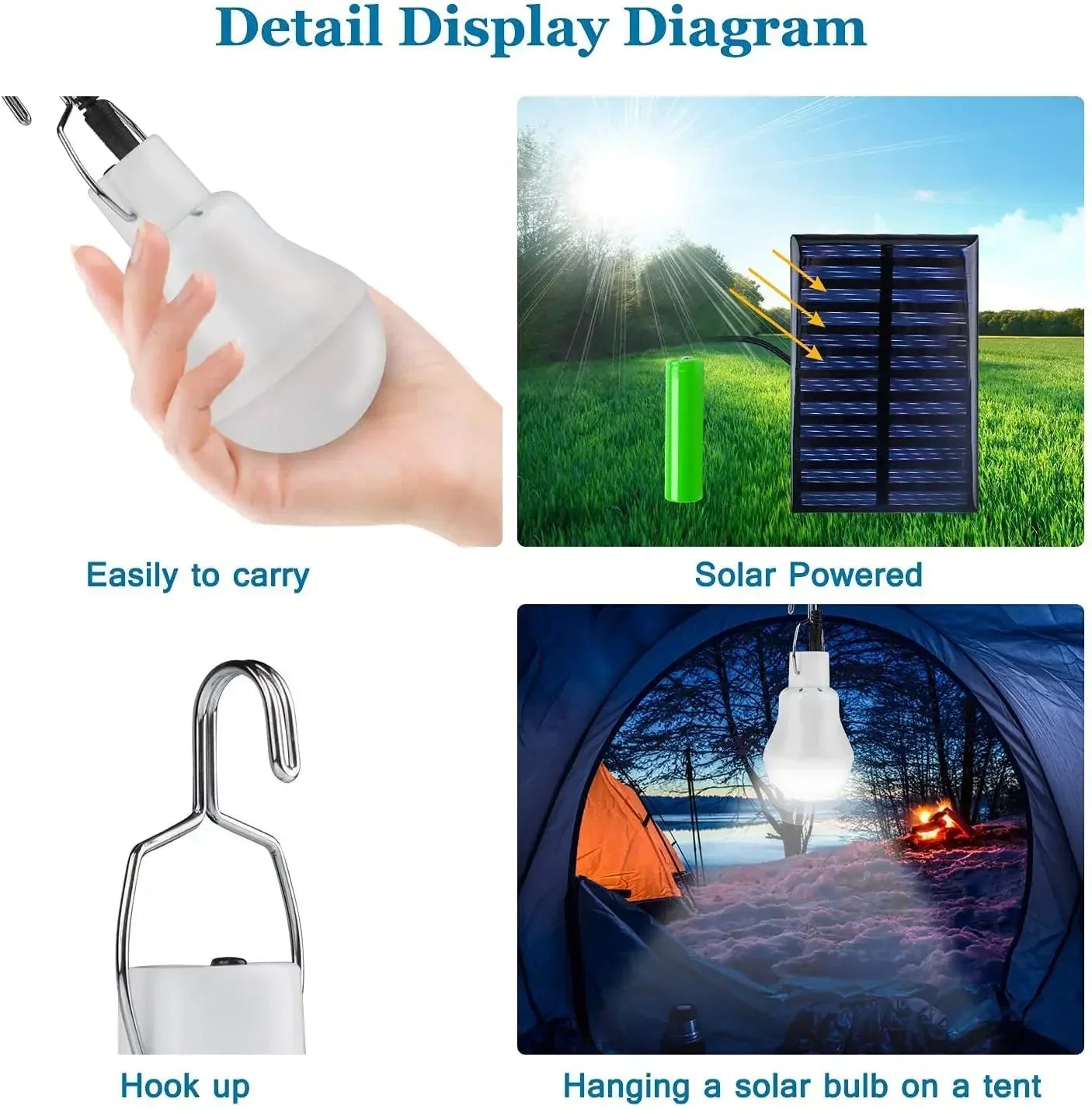 LED solar lamp, waterproof outdoor bulb, portable solar garden hanging hiking fishing emergency lights
