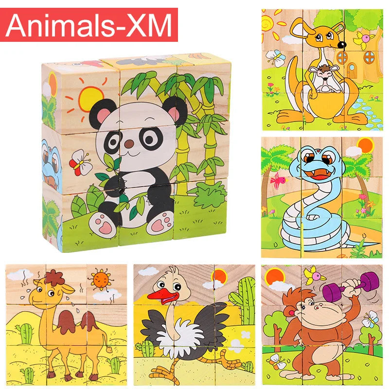 Puzzle en bois peint sur Six côtés, blocs de construction d'animaux de la circulation tridimensionnels, jouets d'éducation précoce Montessori TMZ