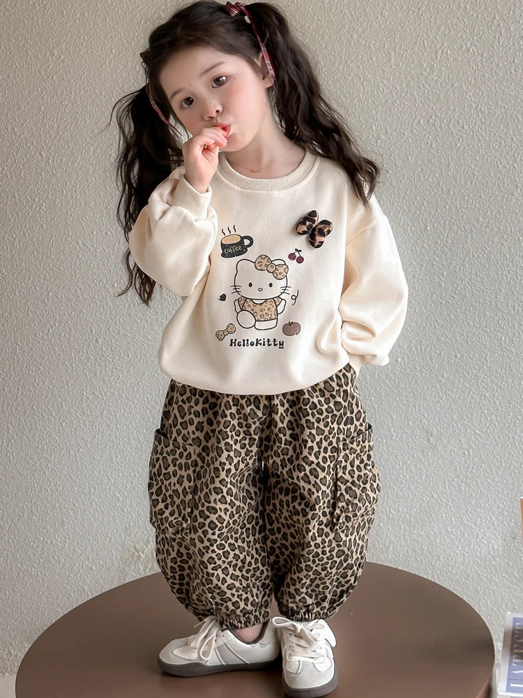 Ensemble de vêtements d'automne pour filles, sweat-shirt, pull Hello Kitty, haut et pantalon imprimé léopard, costume 2 pièces, tenue de survêtement mignonne pour enfants