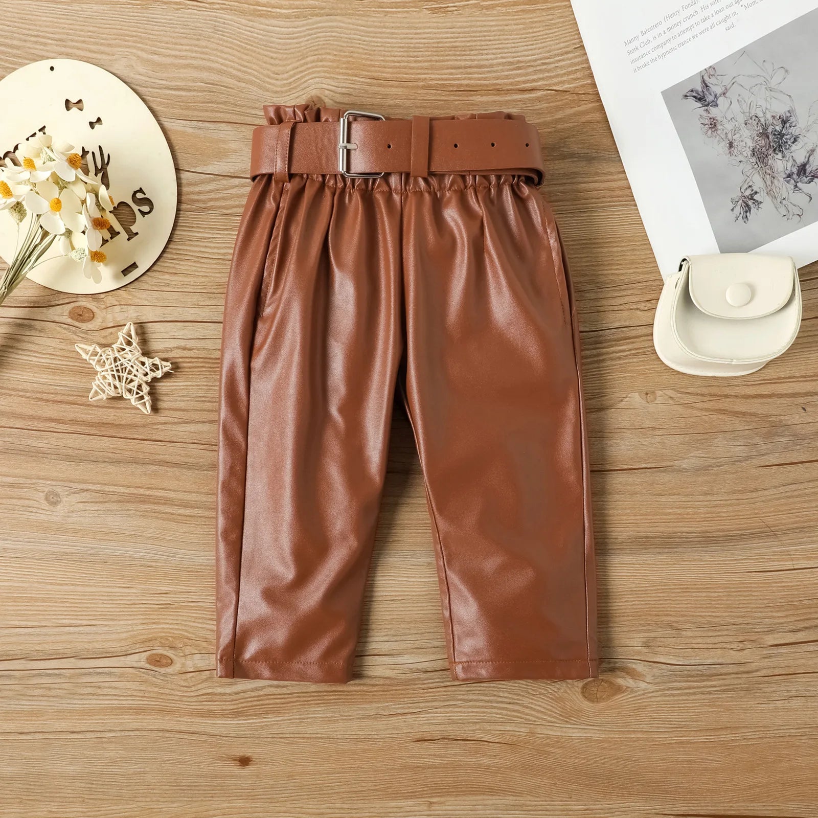 Ensemble de vêtements pour enfants filles, chemisier côtelé à manches longues bouffantes + pantalon en cuir PU avec ceinture, 2 pièces pour vêtements pour filles, taille 1 2 3 4 5 6