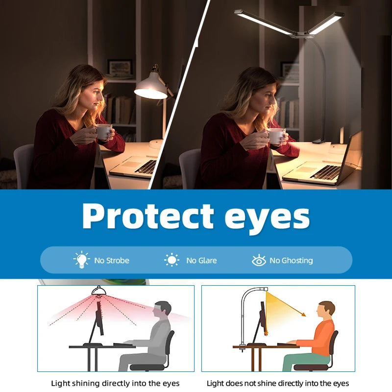 Lampes de bureau LED à double tête, lumière de moniteur d'ordinateur à intensité variable en continu, lampe de table USB pour étude de bureau, luminaire de lecture  lumiere bureau  lampe ecran ordinateur