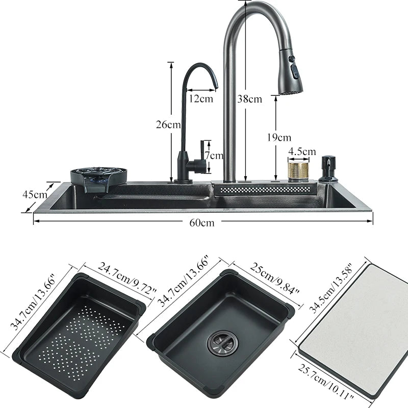 Évier de cuisine cascade en acier inoxydable 304, grand fente unique intégrée, ensemble de robinets 60x45cm, distributeur de savon/eau Pure/laveuse de tasses