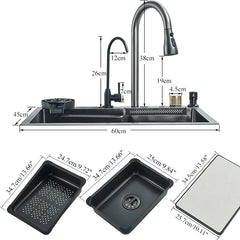 Évier de cuisine cascade en acier inoxydable 304, grand fente unique intégrée, ensemble de robinets 60x45cm, distributeur de savon/eau Pure/laveuse de tasses