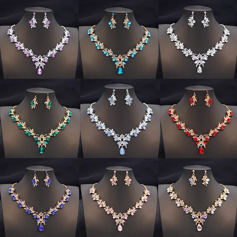 Ensemble de colliers et boucles d'oreilles pour femmes, 14 couleurs, à la mode, goutte d'eau, ras du cou, ensemble de bijoux pour bal d'anniversaire, mariage