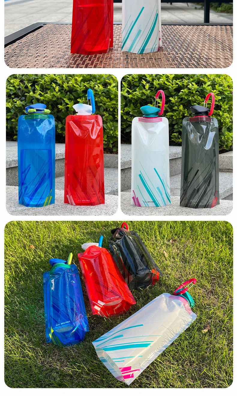 Bouteilles d'eau pliables, bouteille d'eau de voyage Flexible et réutilisable, pochette d'eau en plastique, flacon souple, sac d'eau avec mousqueton