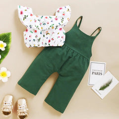 Ensemble de vêtements pour petites filles de 1 à 5 ans, imprimé Floral, feuille de Lotus, haut court + pantalon à bretelles, tenue mignonne à la mode, 2 pièces