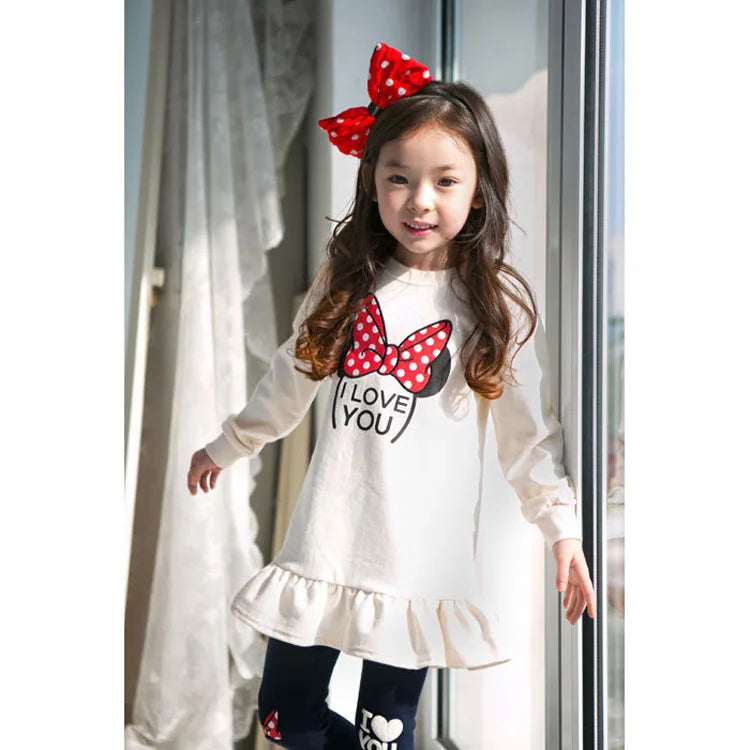 Ensemble de vêtements pour enfants printemps-automne, chemise + Leggings en coton à manches longues avec nœud papillon de dessin animé, costume 2 pièces pour filles de 3 à 8 ans, tenue décontractée