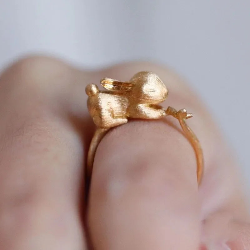 Ensemble de bijoux lapin mignon, boucles d'oreilles artisanales en or ancien mat pour femmes, bague, collier, cadeaux pour petite amie, nouveauté