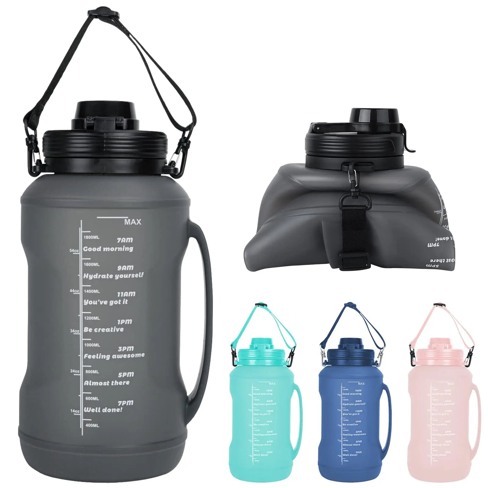 64oz/2L Collapsible Water Bottle with Handle and Straw, Large Capacity Collapsible Silicone Water Bottle, Outdoor Sports Water Cup