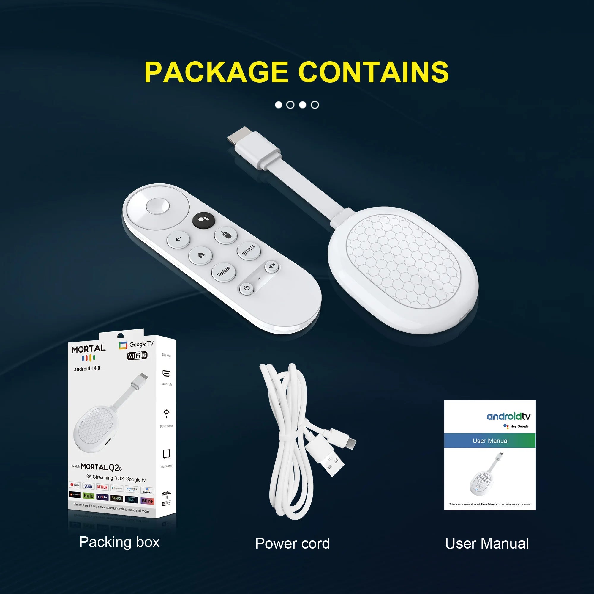 Clé TV intelligente Android 14 Allwinner H313 Mortal Q2S Chromecast Télécommande vocale WiFi 6 4K à 60 ips WiFi 6 Bluetooth 2 Go 8 Go 16 Go Streaming