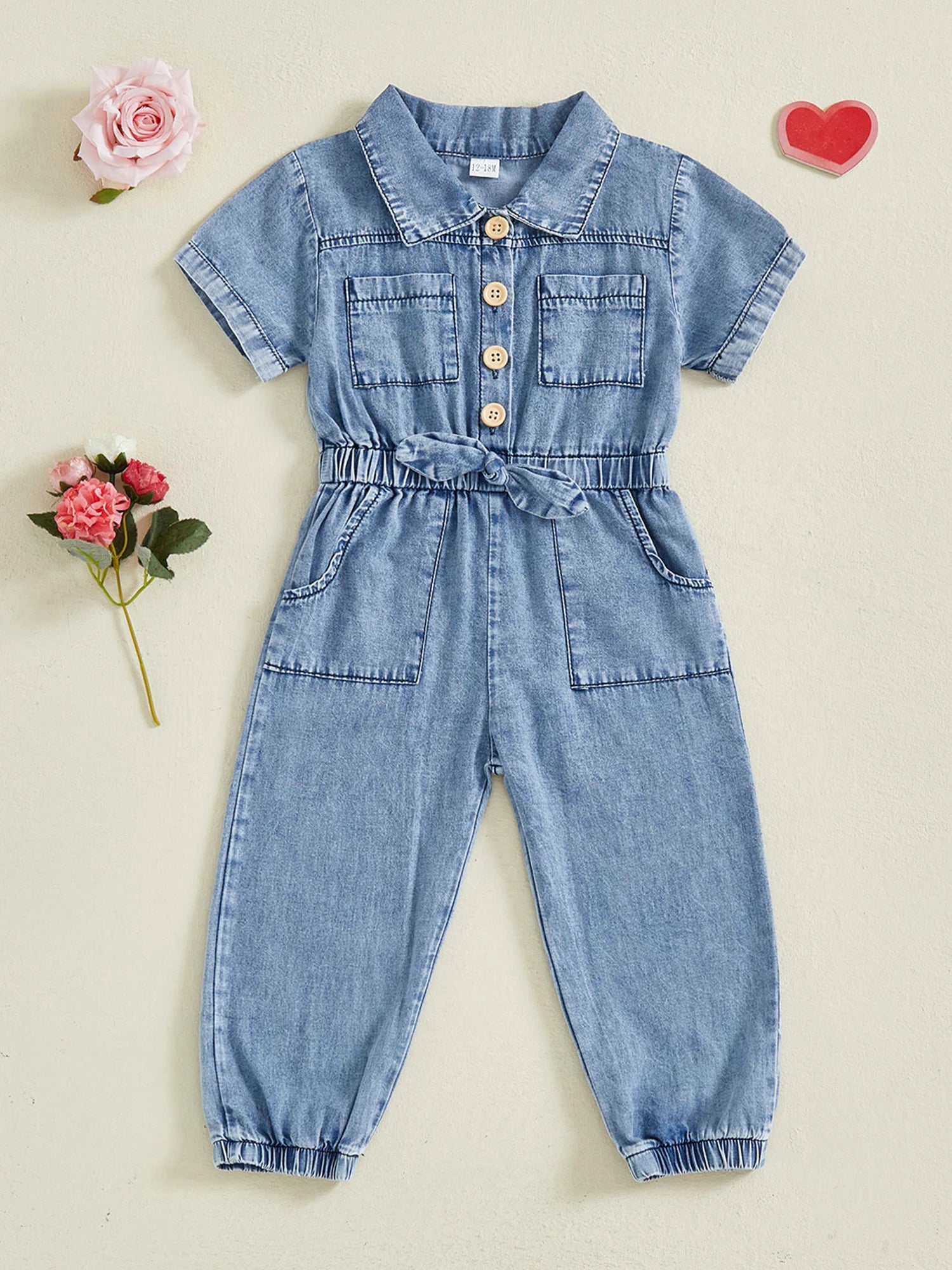 Barboteuse en jean pour petites filles, manches courtes, revers boutonné, combinaison pleine longueur avec poches