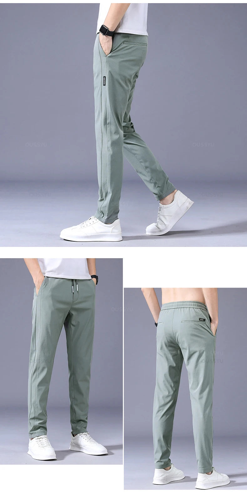 2025 Pantalon pour hommes printemps été nouveau mince vert couleur unie mode poche Applique pleine longueur Pantalon de travail décontracté Pantalon