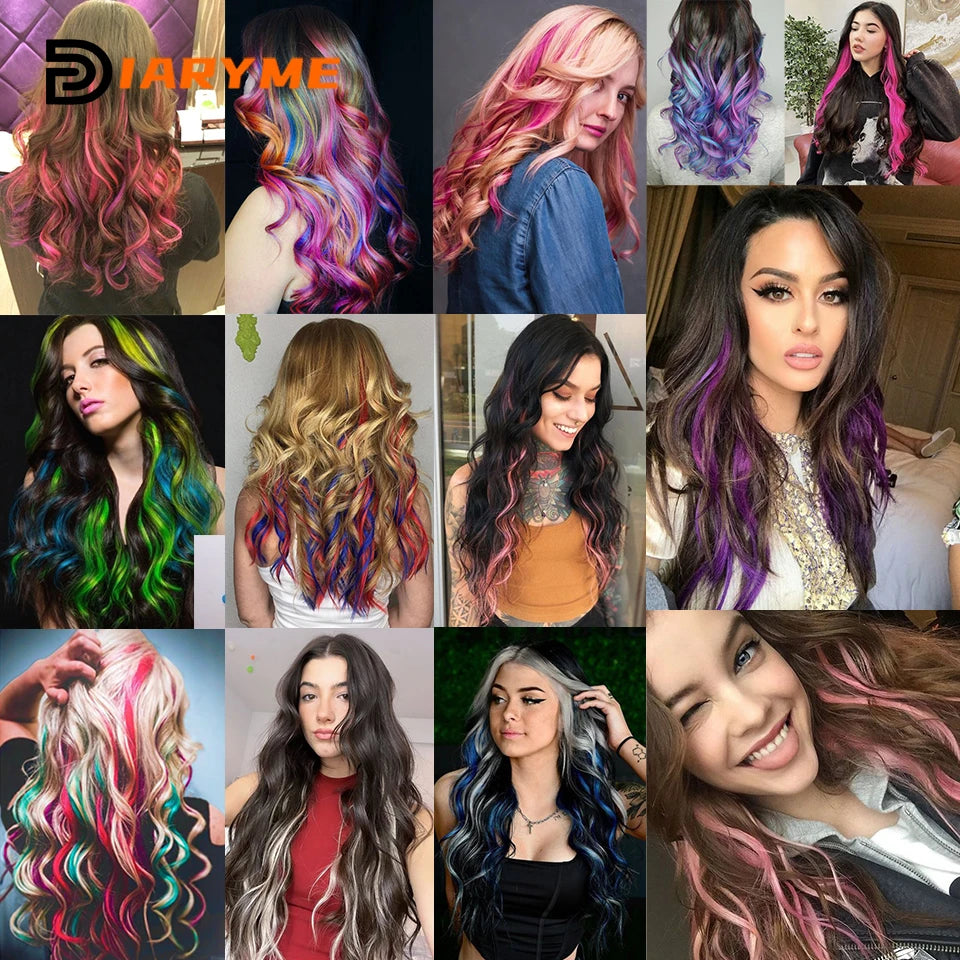 Colorful curly synthetic hair extensions for girls, long clip-in hairpiece, multicolored party strands, wig piece, for women and children