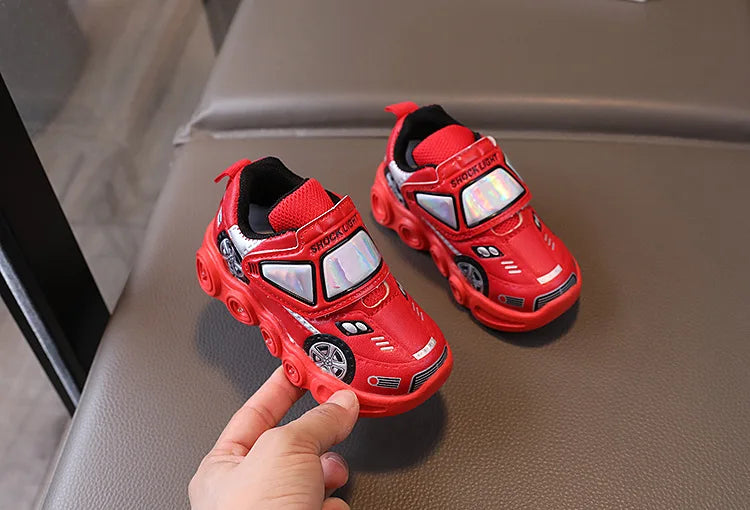 Diseny enfants chaussures décontractées lumière LED voiture Club dessin animé en cuir PU printemps chaussures pour enfants anti-dérapant rouge bleu chaussures taille 21-30