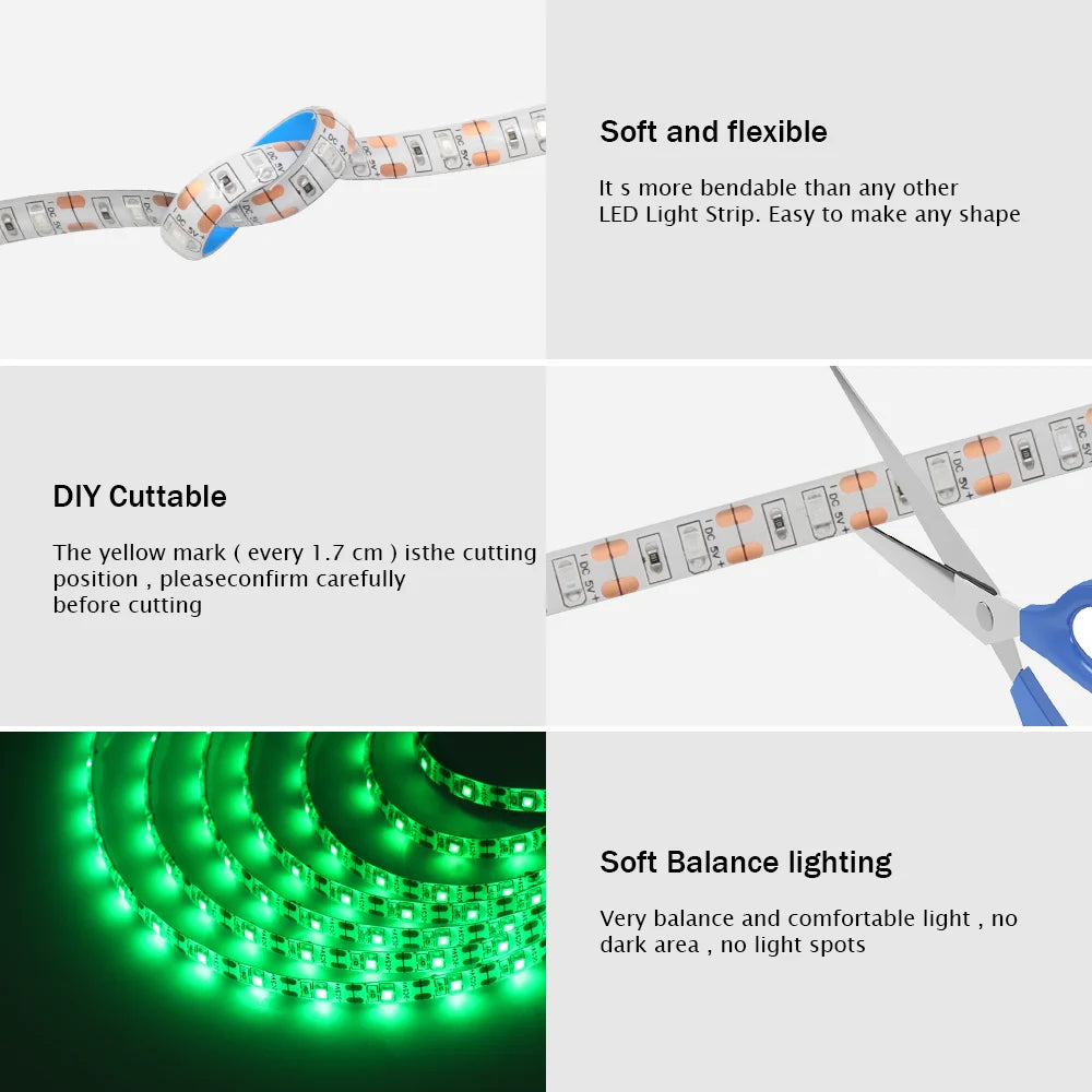 Bande lumineuse Led USB 5V SMD 2835, 60 diodes/m, ruban Flexible, éclairage de fond TV, 1M 2M 3M 5M, guirlande lumineuse LED, décoration de salle