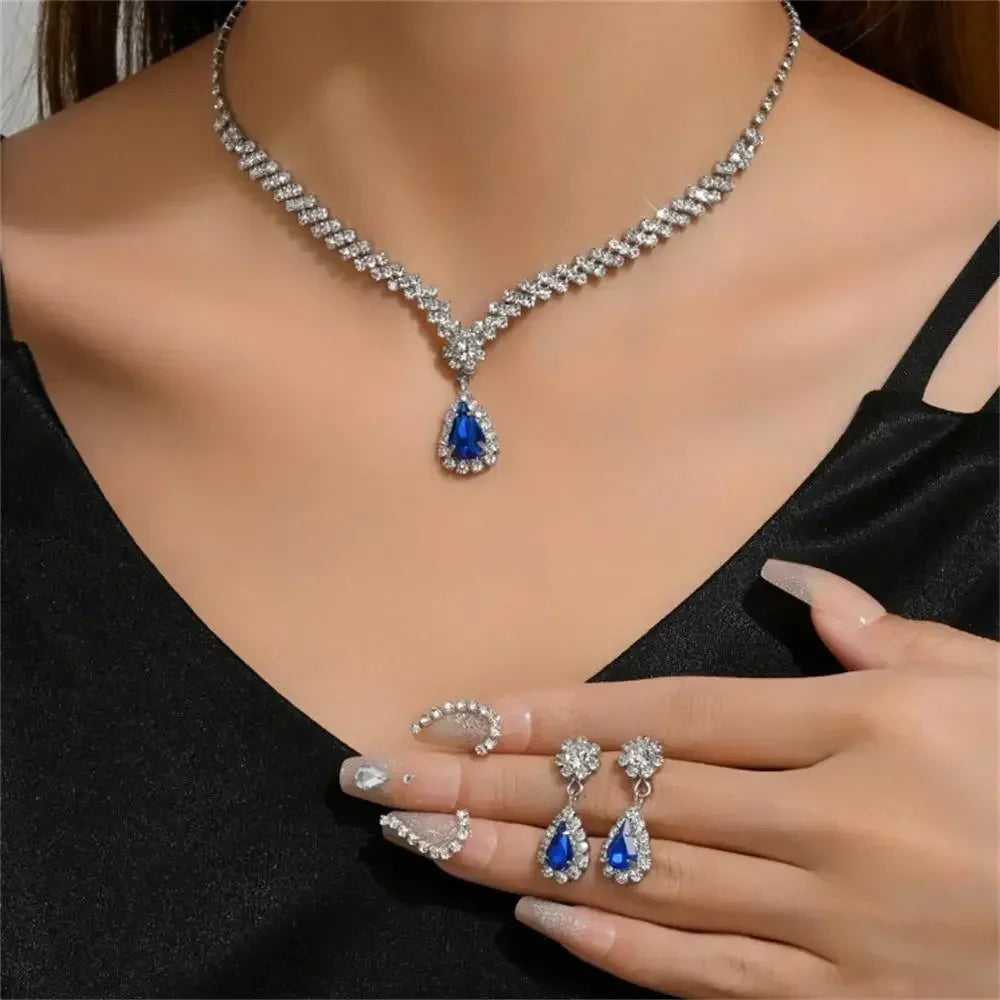 Ensemble de Bijoux Élégants en Forme de Goutte d'Eau pour Femme, Pendentif en Strass, Collier, Boucles d'Oreilles, pour Robe de Mariée, Patients, 2 Pièces/Ensemble