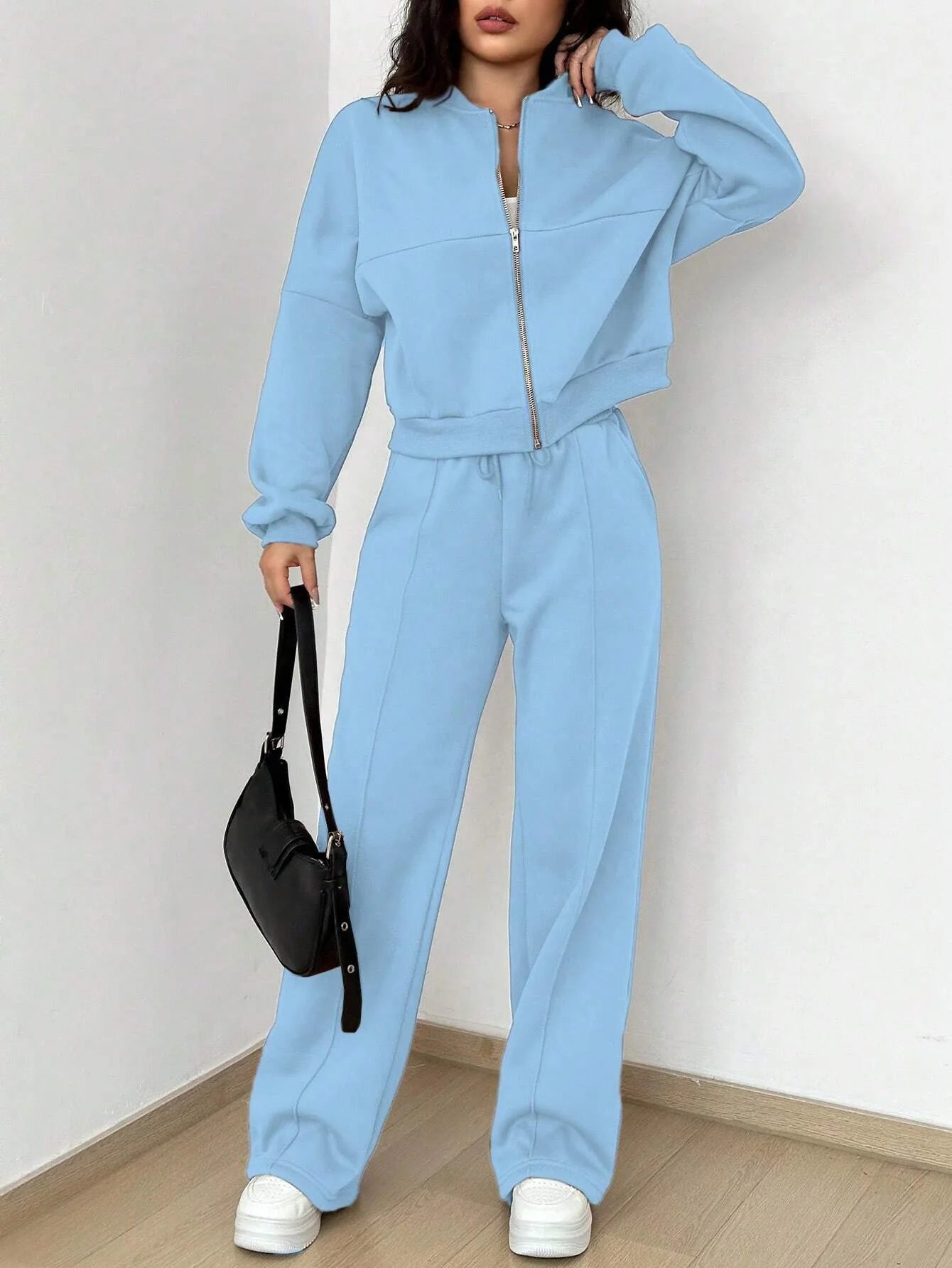 Women's two-piece casual set, solid color, sweatshirt, long sleeves, zip-up coat, long pants, pockets, elegant, autumn/winter 2025