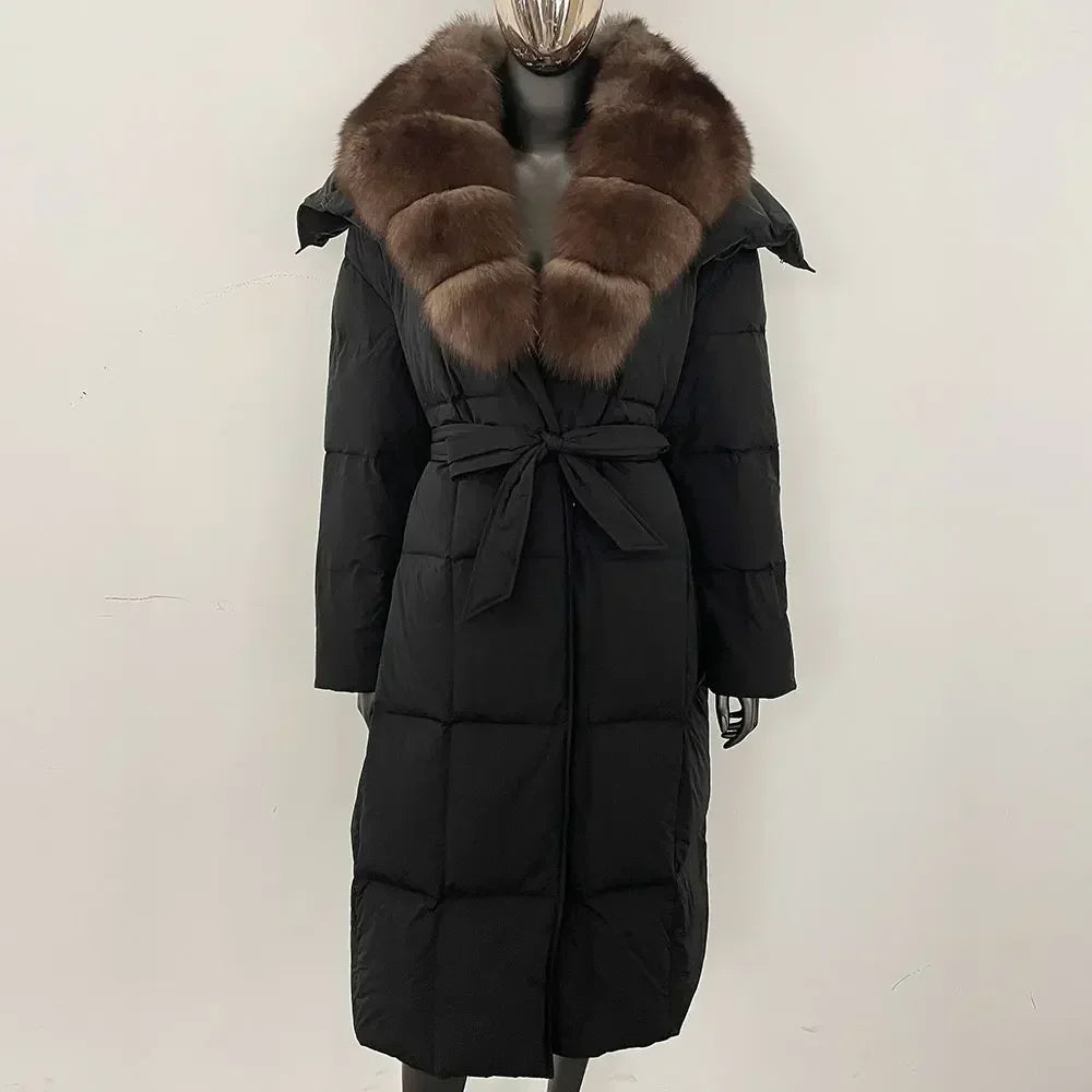 Veste d'hiver chaude et élégante pour femme, avec ceinture à capuche, simple boutonnage, col en vraie fourrure de renard, manteau épais et ample en duvet de canard blanc