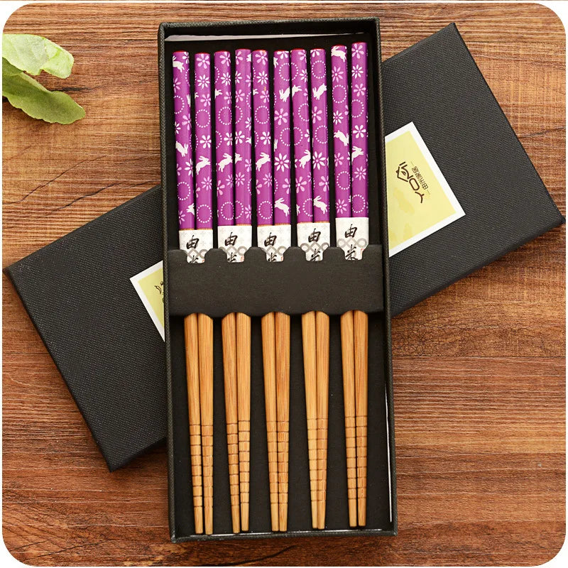 Ensemble de baguettes en bambou antidérapantes, 5 paires, vaisselle japonaise en bois naturel, nourriture pour Sushi, ensemble de baguettes longues multicolores pour la maison