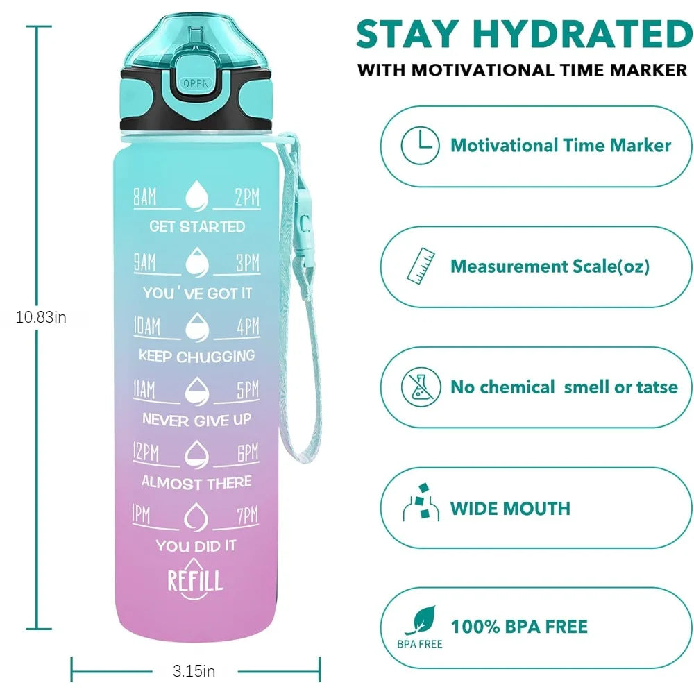 Bouteille d'eau potable de 32 oz avec fois pour boire et paille, motivation avec sangle de transport, étanche BPA et sans toxique