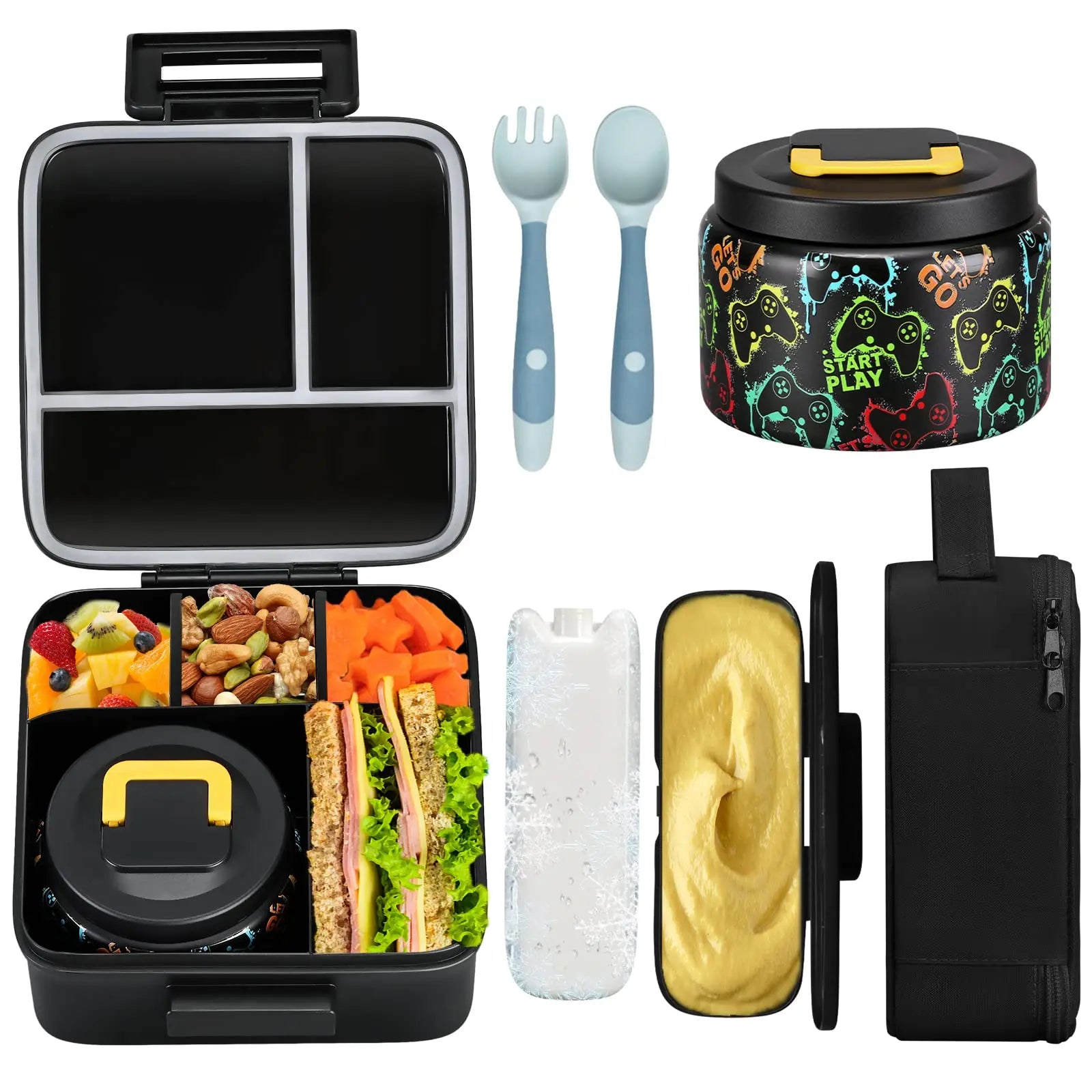 Boîte à déjeuner Bento pour enfants avec pot alimentaire isolé sous vide de 8oz, sac à déjeuner, sac de glace et fourchette et cuillère pliables, anti-fuite