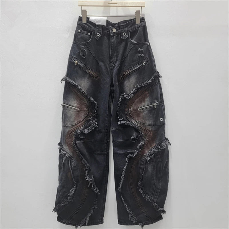 DEAT 2025 Autumn New Fashion Patchwork Burls Cargo Denim Pants for Women High Waist Loose Wide Leg Fashionable Jeans 11A06257