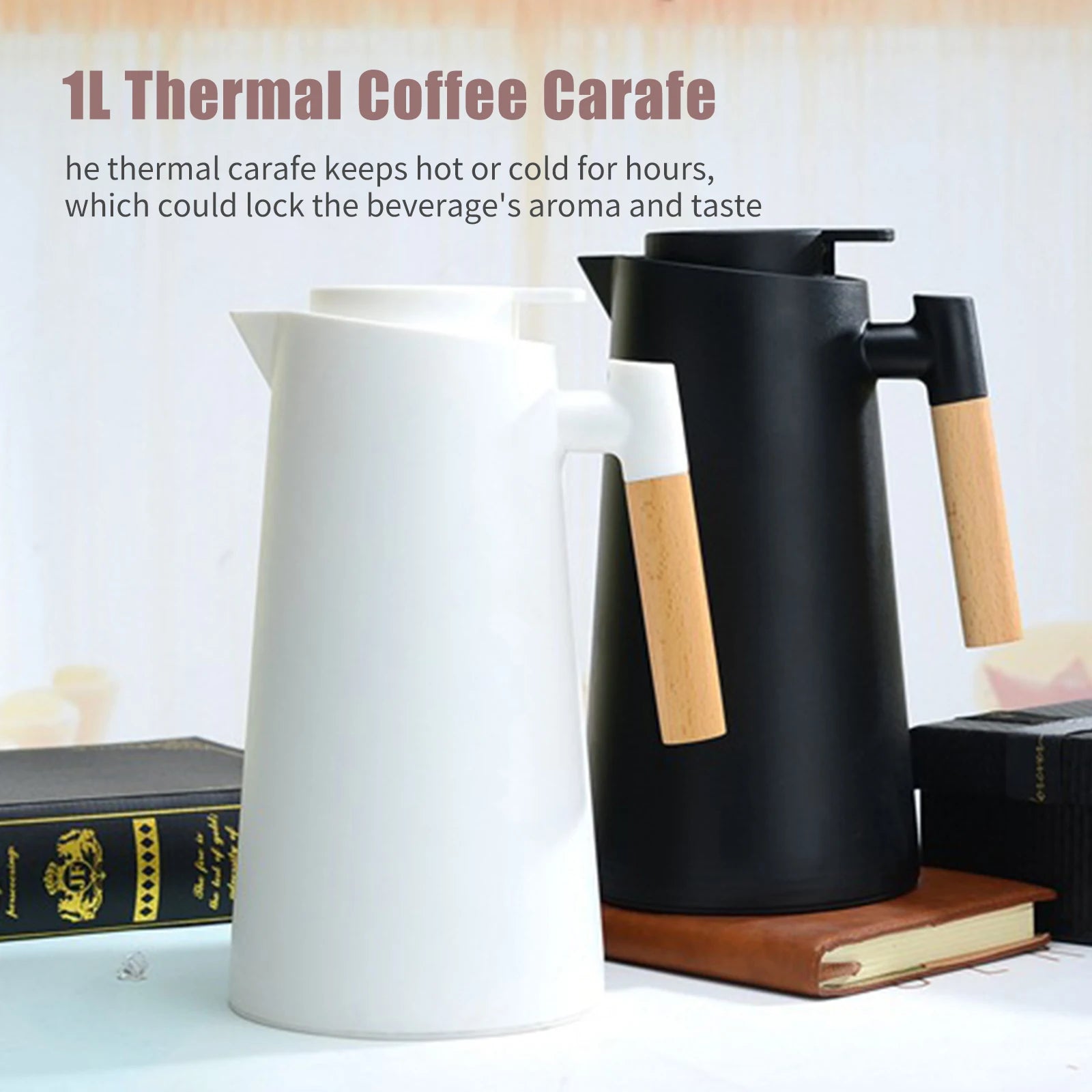 Carafe à café thermique sous vide à double paroi, pot thermos avec poignée en bois, bouilloire isolée, garde au chaud et au froid, 1L