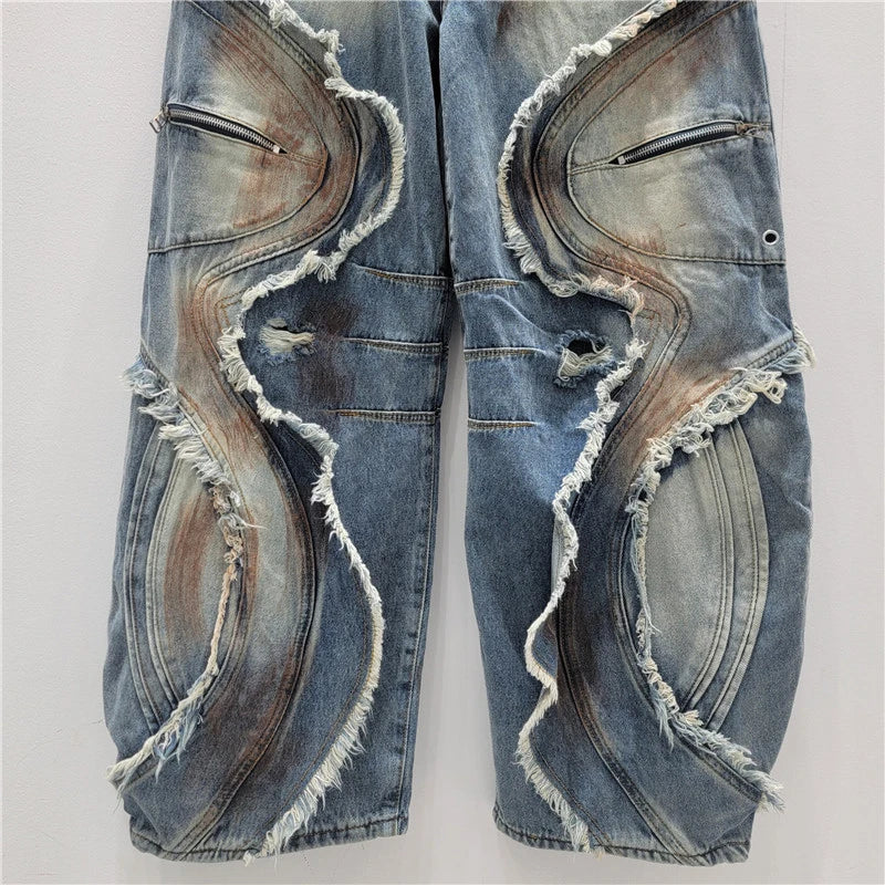 DEAT 2025 Autumn New Fashion Patchwork Burls Cargo Denim Pants for Women High Waist Loose Wide Leg Fashionable Jeans 11A06257