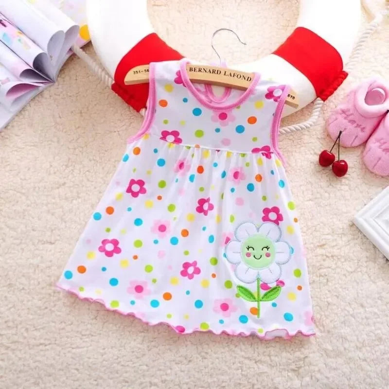 Summer dresses for baby girls, in cotton, sleeveless, printed + embroidered