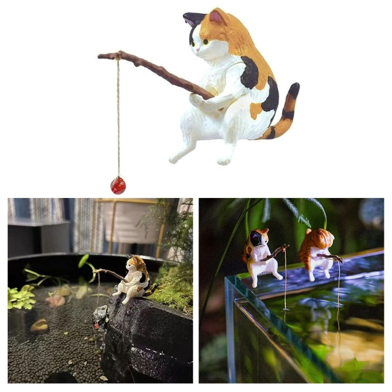 Fish-inspired fishing cat ornaments, mini resin figurine, cartoon cat statue for home office aquarium decoration