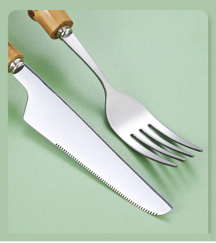 Ensemble de Vaisselle en Bambou et Acier Inoxydable avec Poignée Naturelle, Couverts Rétro, Steak, Opaque, Fourchette, Cuillère, Cadeau de Dessert, 20/30 Pièces