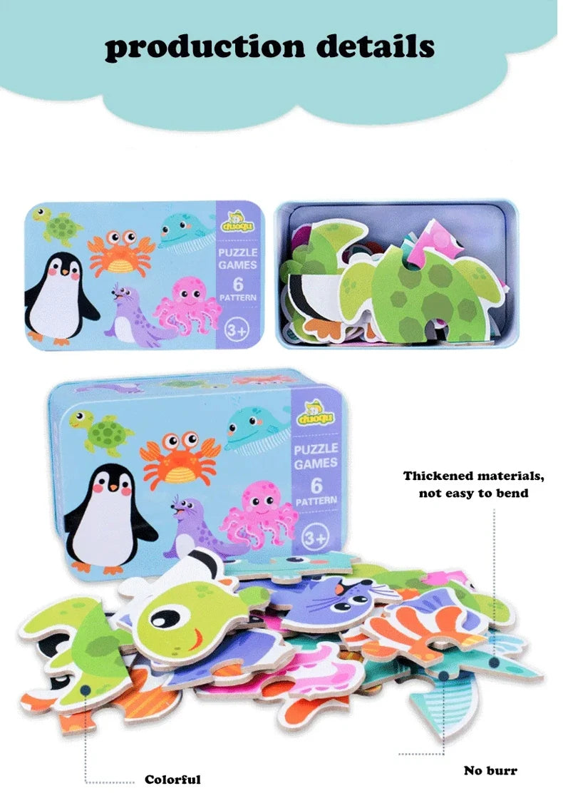 Montessori bébé Puzzle jouets éducatifs pour enfants 2 à 4 ans enfant en bas âge 3D Puzzle en bois enfants boîte de fer jeux de Puzzle jouets