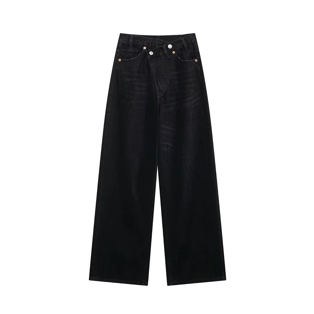 Jeans asymétriques à taille haute et à jambes larges pour femmes nouveaux modèles de base mode polyvalente pantalons droits pantalons