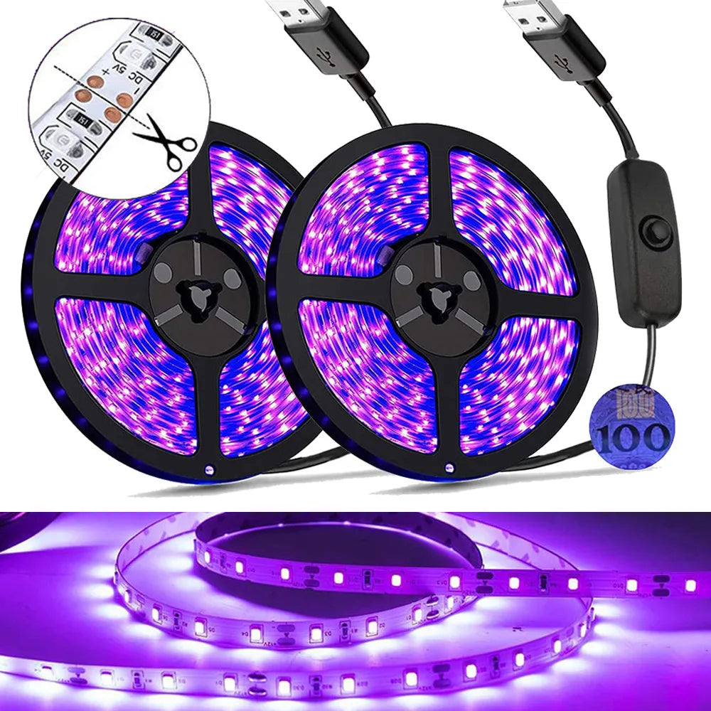Bande lumineuse UV Led 5V UVA, 395-405nm, SMD2835, rayons ultraviolets, ruban de Diode violet, lampe USB avec interrupteur 60LED s/m