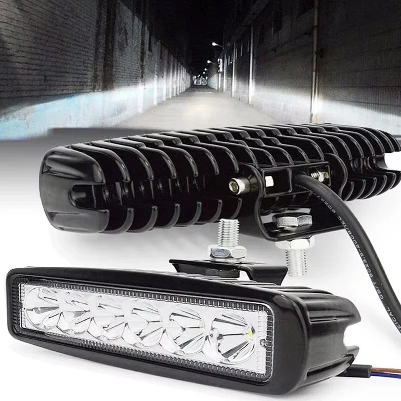 Phares à feux de route DRL étanches 12V: 6 feux de travail de voiture LED 18W pour suv, camions, remorques, conduite tout-terrain et antibrouillard, ampoules de phares
