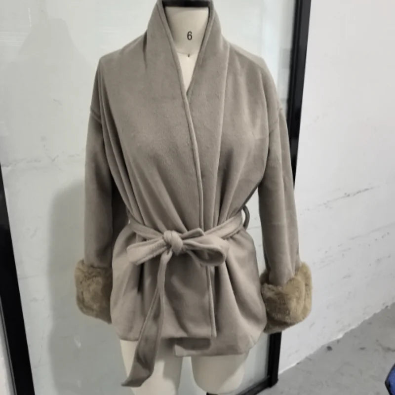 Manteau Long à lacets pour femme, manteau de bureau élégant en laine, fourrure, Patchwork, manches longues, vestes Cardigan amples, nouvelle collection 2025