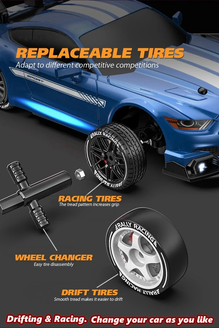 4WD RC Drift Car, High-Speed ​​Remote Control Racing Vehicle with LED Lights, 2.4GHz Radio, 4x4 Off-Road Truck, Children's Toy