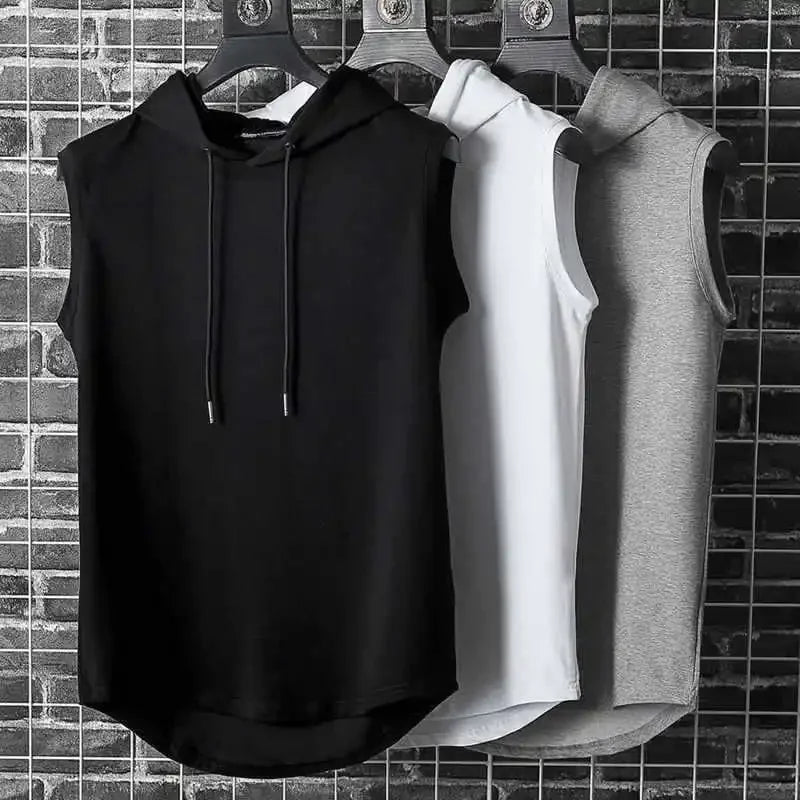 Hommes cravate col à capuche sans manches gilets mâle été ample solide Hip Hop t-shirt hauts