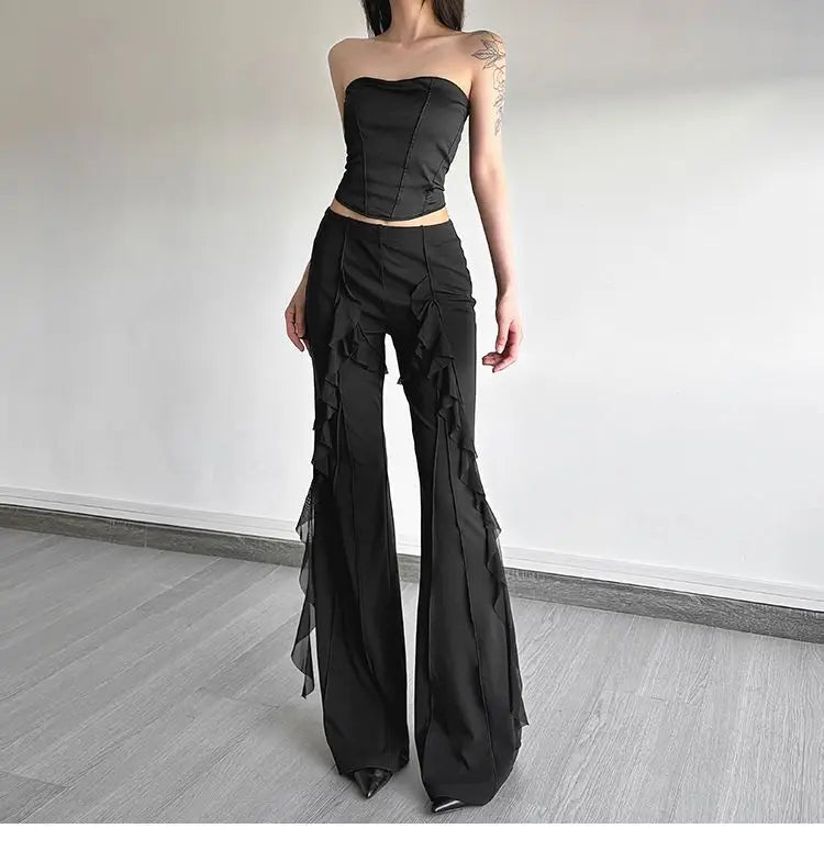 Women's high-waisted bootcut trousers, retro style, ruffled seams, with a sense of design, slimming trousers