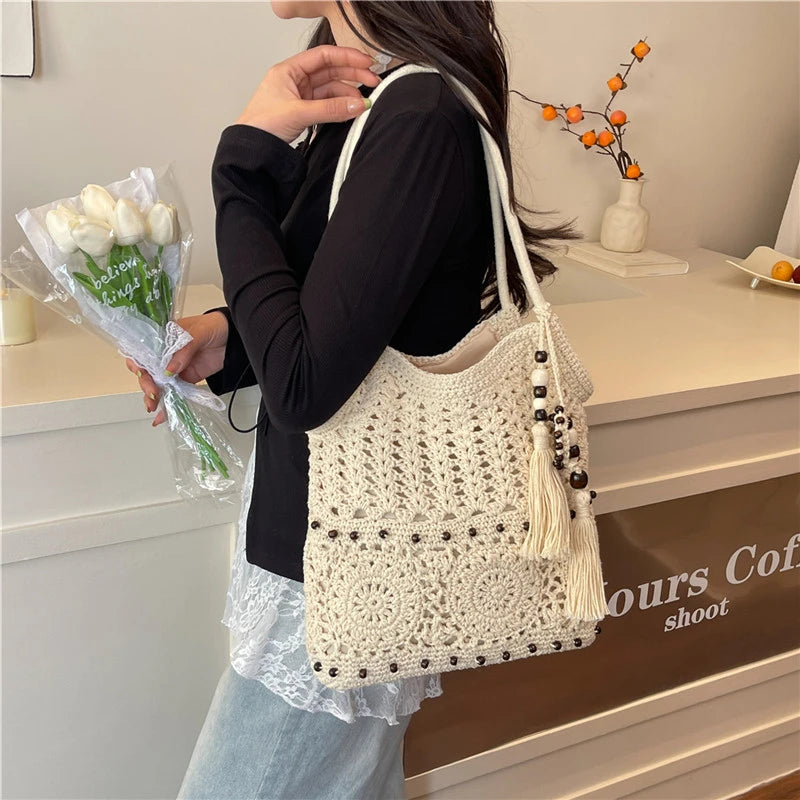 Sac à main tissé de grande capacité, sac à bandoulière ajouré, fourre-tout en Crochet, fourre-tout bohème tissé pour femmes, sacs de Shopping tricotés