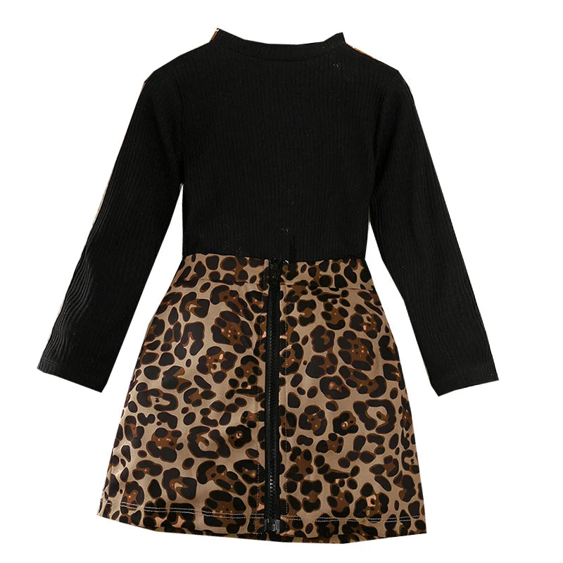 Girls' costume with round neck and long sleeves, leopard print skirt with zipper, fashionable for holidays and leisure, spring and autumn