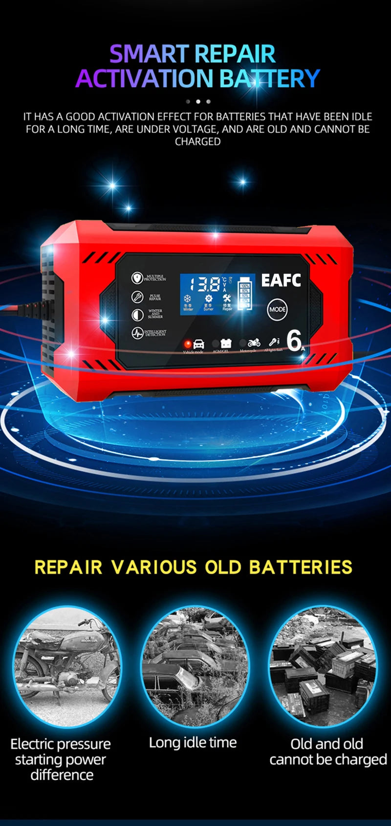 Chargeur de batterie de voiture, grand écran 6a 12V, dispositif de charge de batterie de voiture et de moto, batterie au plomb, réparation intelligente, écran LCD