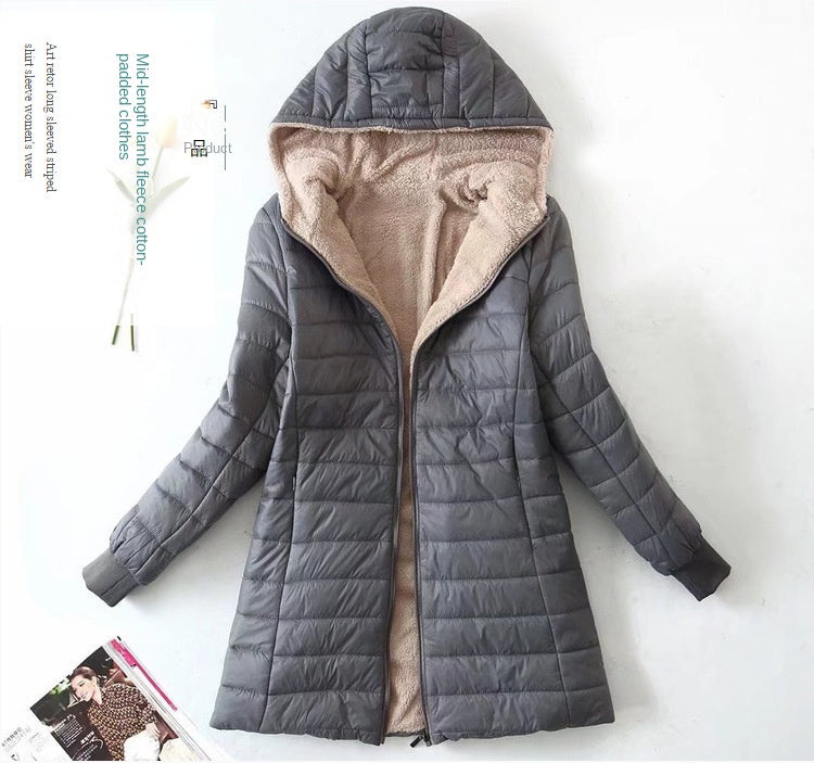 Women's Korean-style mid-length hooded cotton coat, warm lambswool coat and velvet jacket, new autumn and winter 2023 collection