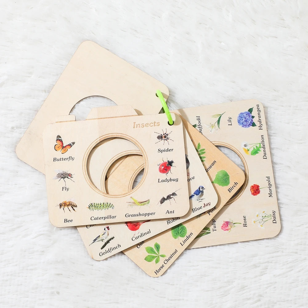 Livre en bois Montessori, jouets éducatifs, animaux d'extérieur, plantes, Puzzle cognitif, jouets pour enfants de 0 à 12 mois