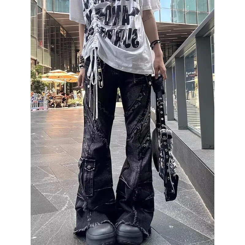 Jean évasé Baggy Y2k pour femmes, pantalon en Denim Patchwork, Style japonais Harajuku des années 2000, Vintage, surdimensionné, Cargo, vêtements