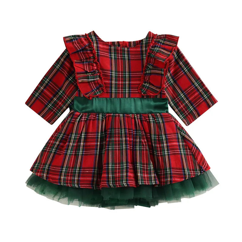 Robe de noël pour petites filles, vêtements d'automne et d'hiver, imprimé à carreaux, manches longues, col rond, volants, Tulle, Patchwork, robe trapèze
