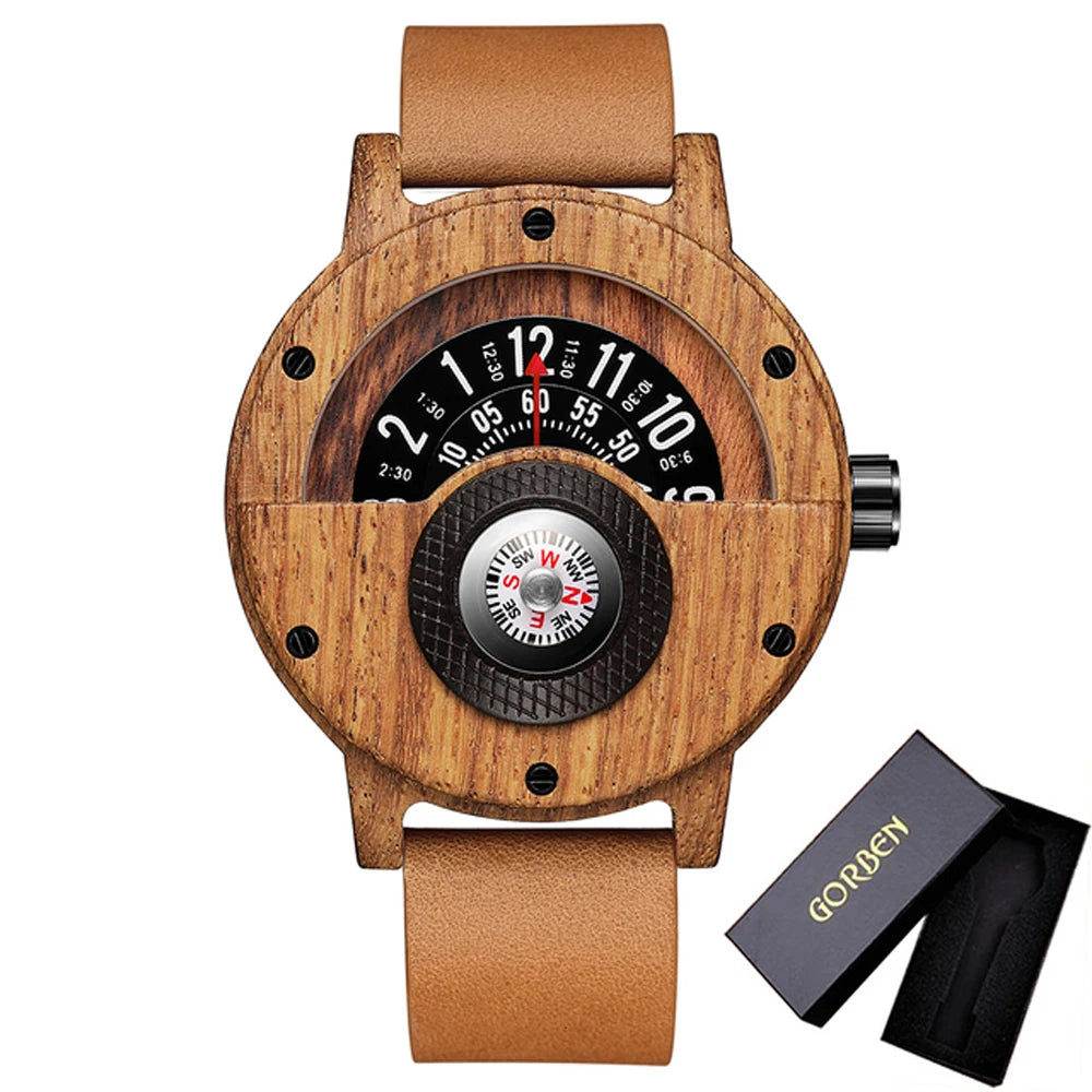 Montre en bois naturel pour hommes, Table rotative, cadran boussole, véritable bois de noyer, ébène, bambou, Concept marron, montre à Quartz