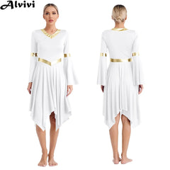 Robe de danse lyrique à manches longues pour femmes, robe à ourlet irrégulier, costume de spectacle liturgique, vêtements de danse modernes, culte de la chorale d'église